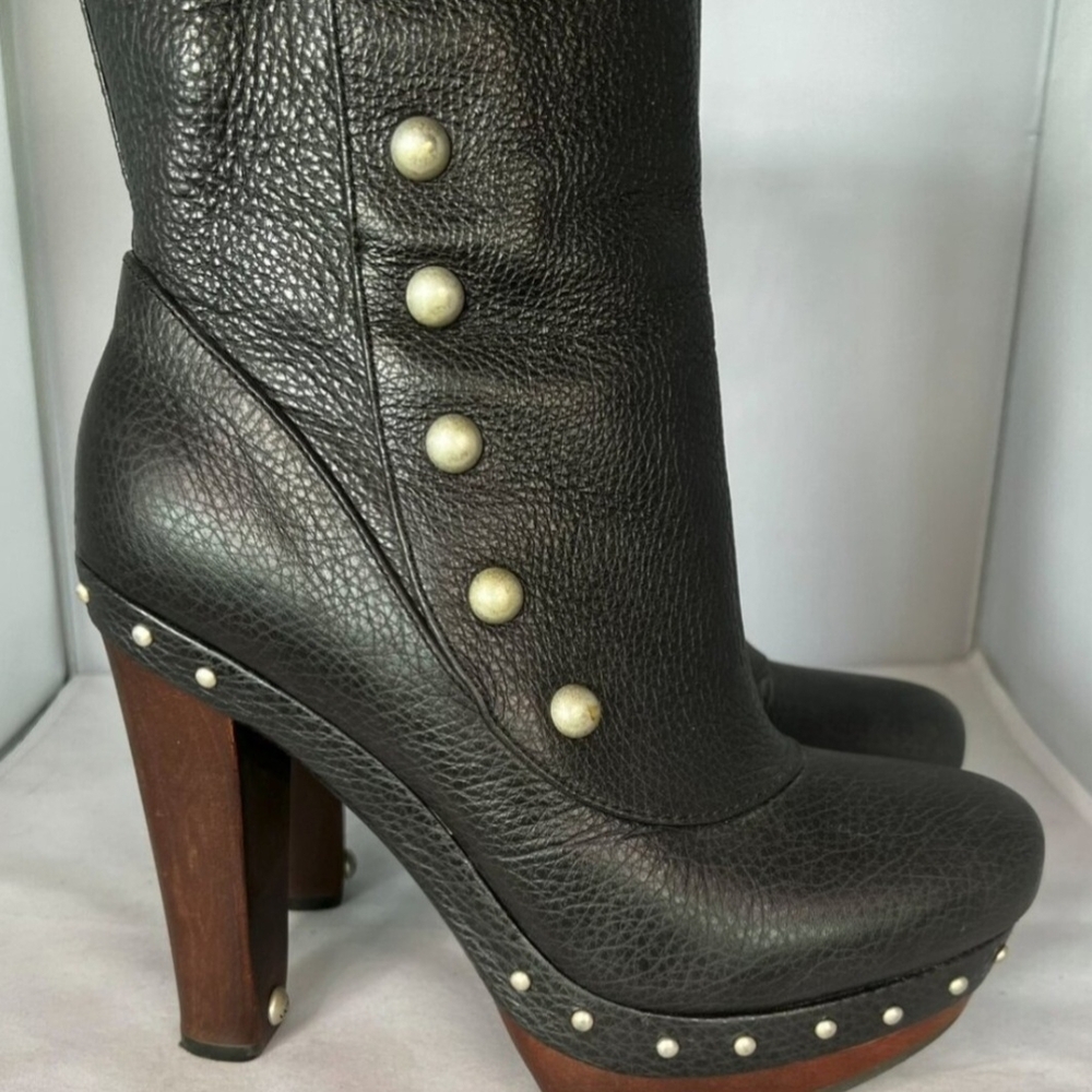 UGG " COSIMA " GENUINE SOFT BLACK LEATHER PLATFORM BOOTS - Picture 2 of 14